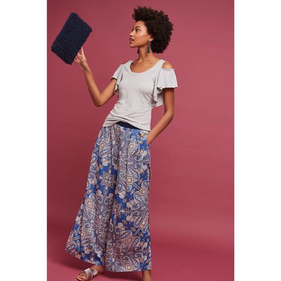 Anthropologie Pants - Anthropologie Elevenses Ines Blue Paisley Print Wide Leg Flowy Boho Pants Size L